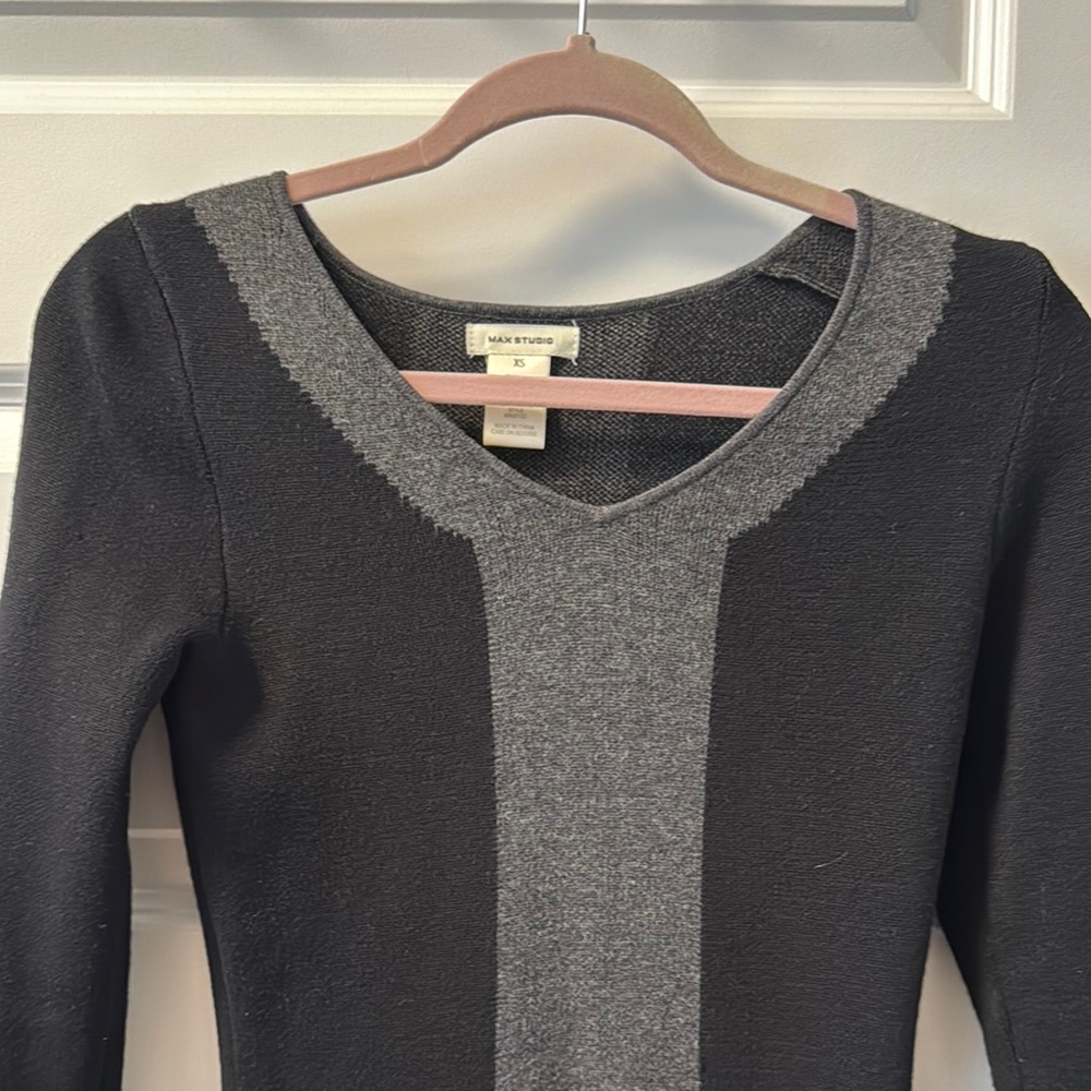 Max Studio Black and Gray V-Neck Sweater Dress